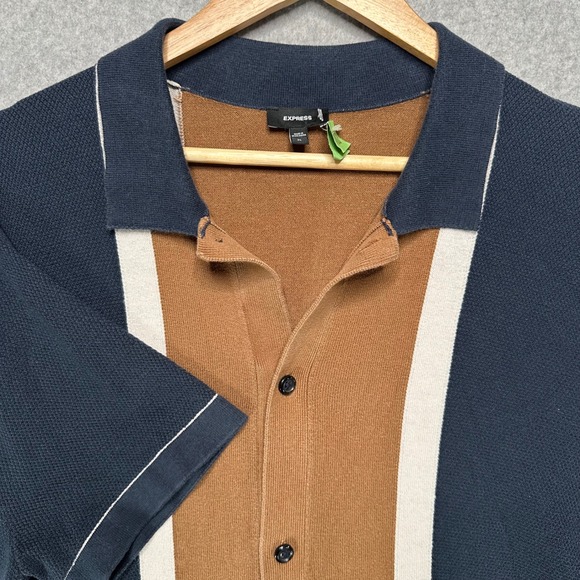 Express Other - Express Mens XL Knit Polo Shirt Navy Brown Cream Color Block Button Front Cotton